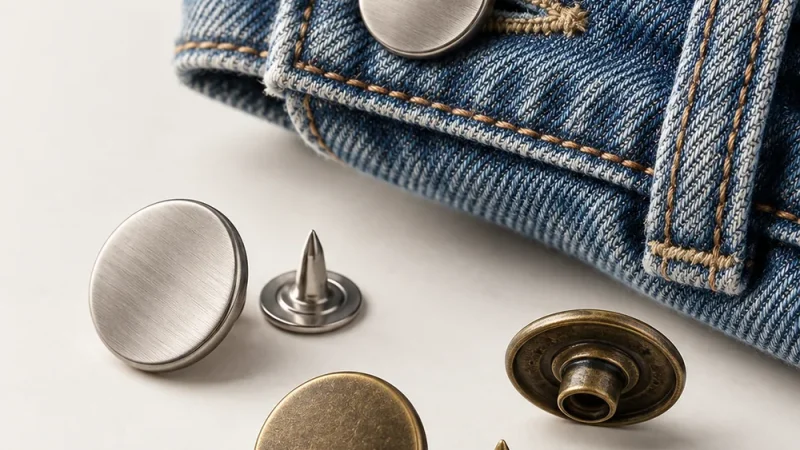 Denim bel bandı üzerinde metal kot düğmesi ve yanında bağlantı çivileri