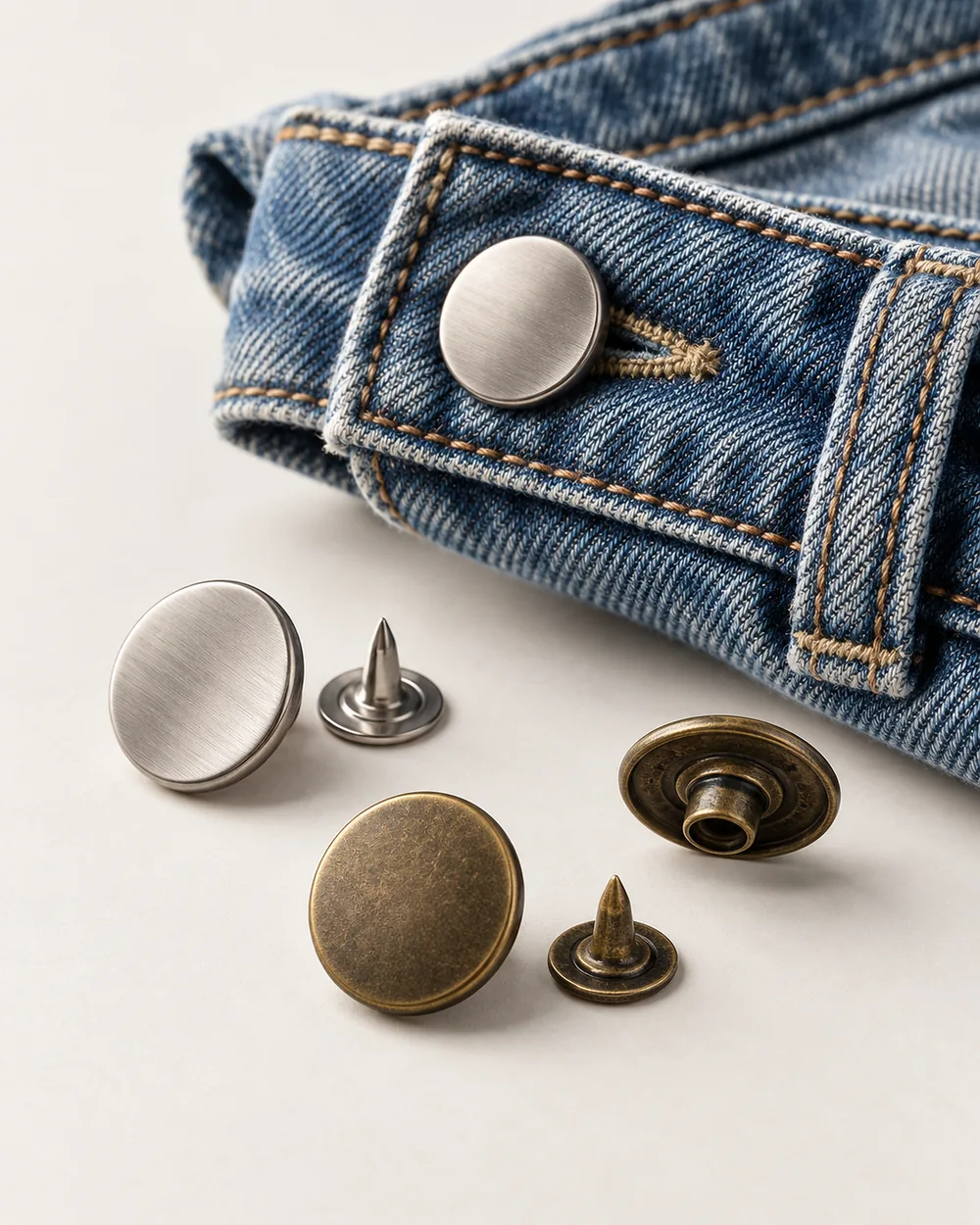 Denim bel bandı üzerinde metal kot düğmesi ve yanında bağlantı çivileri