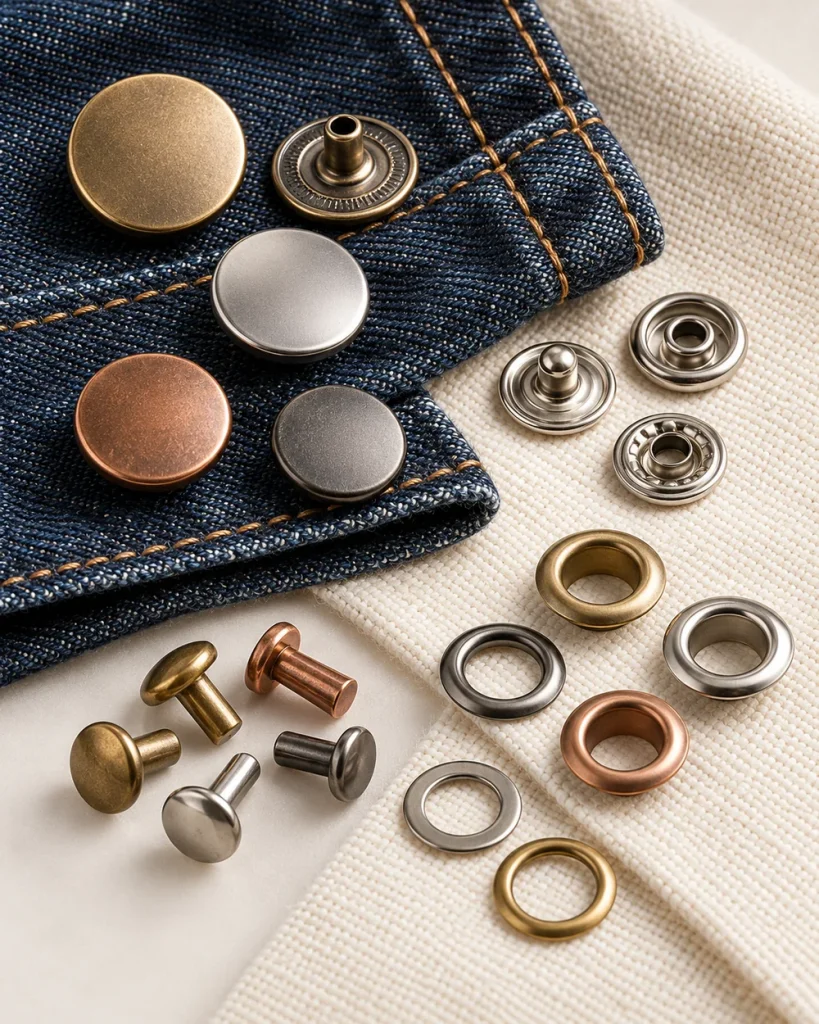 Denim ve açık renk kumaş üzerinde metal düğme, çıtçıt, perçin ve kuşgözü örnekleri